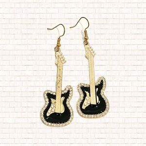 Amazon Fashion Statement Earrings Black Gold Pearl Electric Bass Guitar NWOT OBO